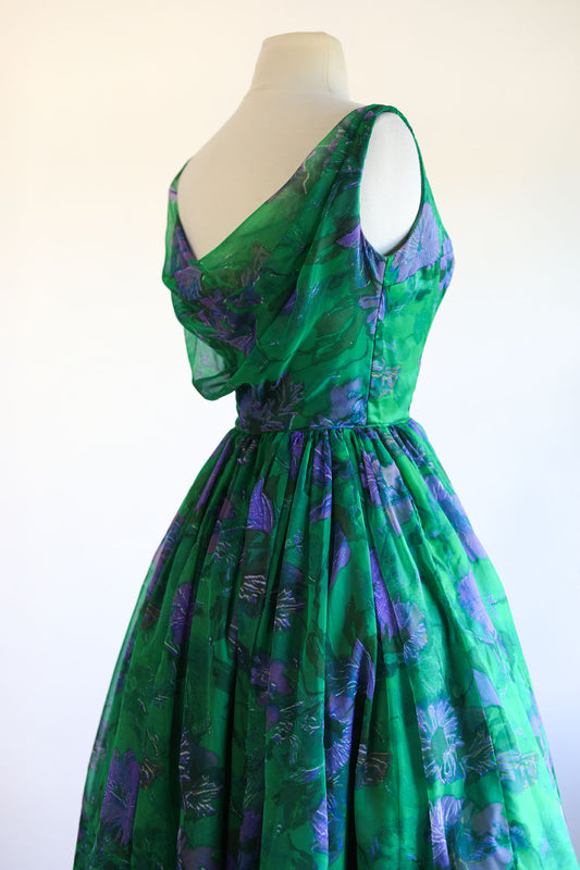Vintage 1950s to 1960s Dress - Saturated Emerald + Cobalt Peony Floral Print Chiffon Prom Party Sundress Size S to M