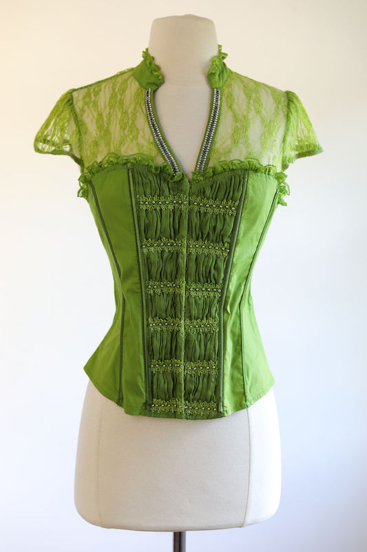 Vintage Y2K Blouse - Lurid Acid Green Cotton Corset Indie Sleeze Punk Top Size S to M