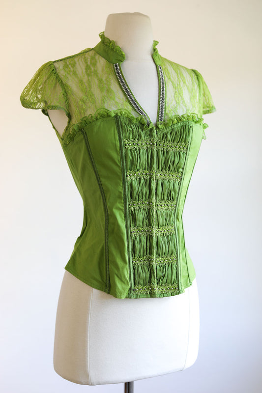 Vintage Y2K Blouse - Lurid Acid Green Cotton Corset Indie Sleeze Punk Top Size S to M