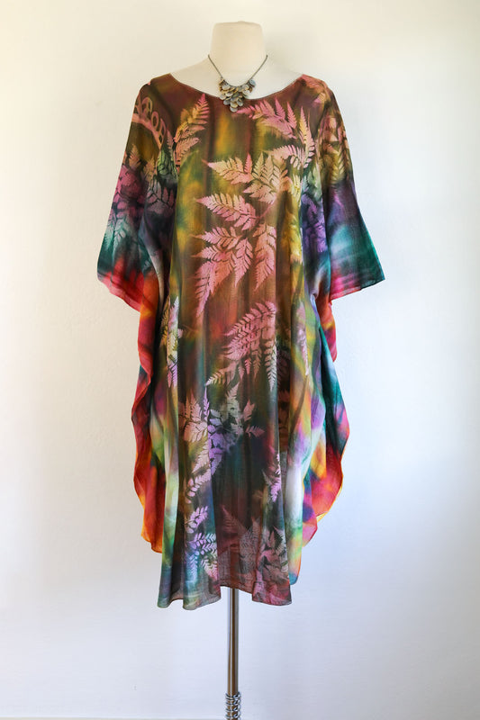 Vintage 1990s Y2K Dress - Amazing Fern + Rainbow Tie-Dye Gauze Cotton Kaftan Sundress Size XS to XL