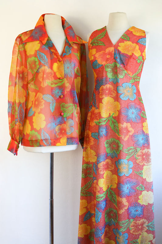 Vintage 1960s Dress + Jacket Set - Citrus Hues Silver Lurex Metallic Hibiscus Tropical Print Maxi Sundress + Blouse Size L