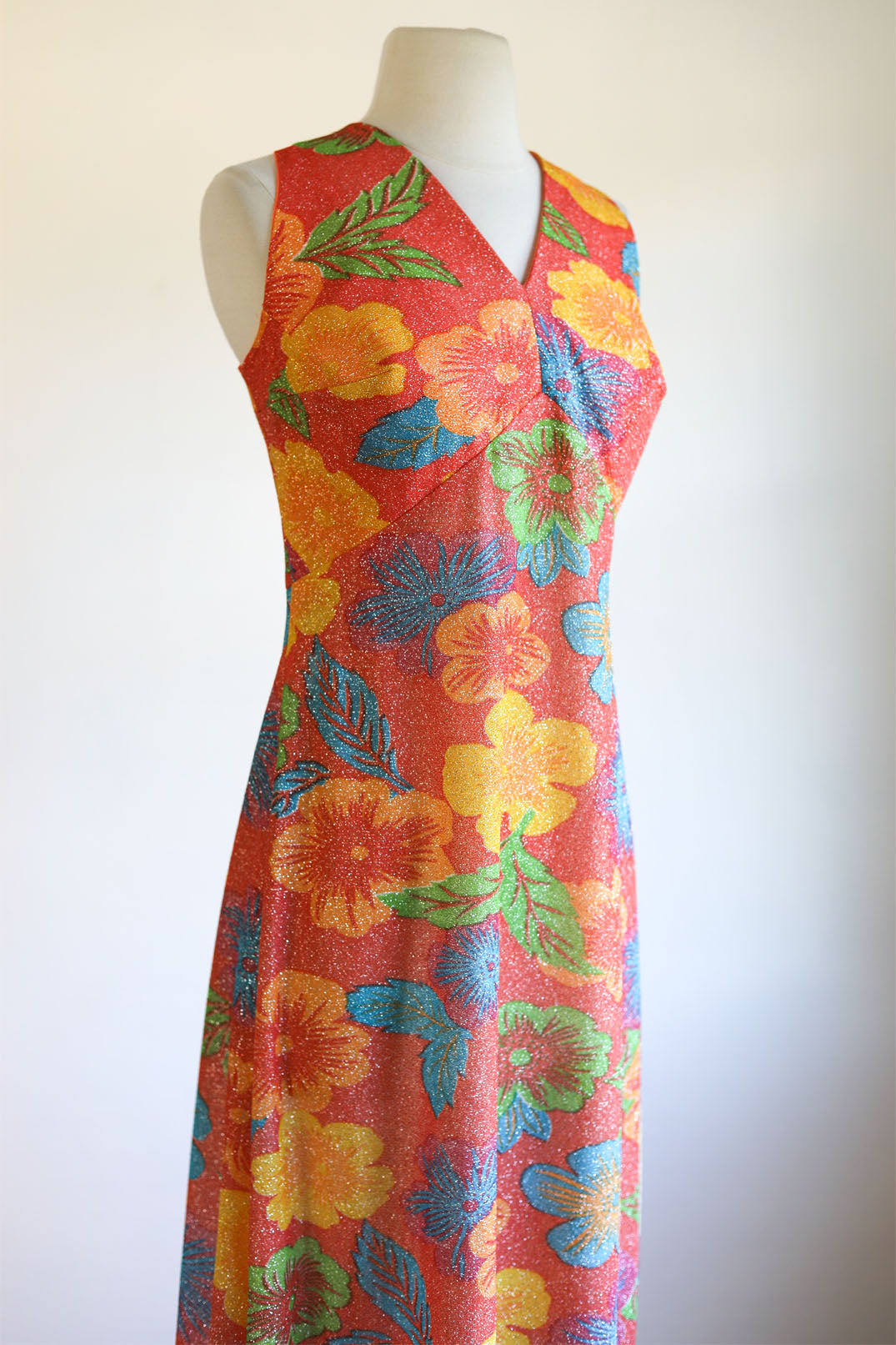 Vintage 1960s Dress + Jacket Set - Citrus Hues Silver Lurex Metallic Hibiscus Tropical Print Maxi Sundress + Blouse Size L
