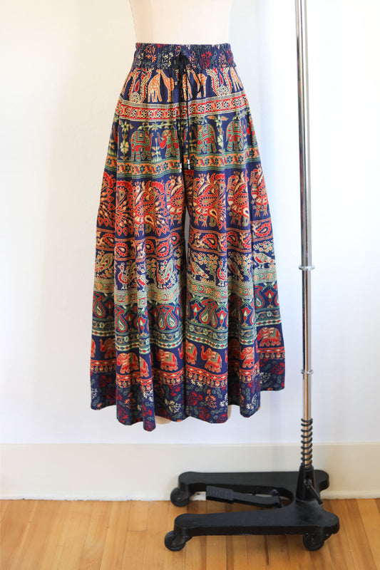 Vintage 1970s Indian Cotton Bell Bottoms - Block Print Animals Massive Palazzo Flare Pants Size XS to M