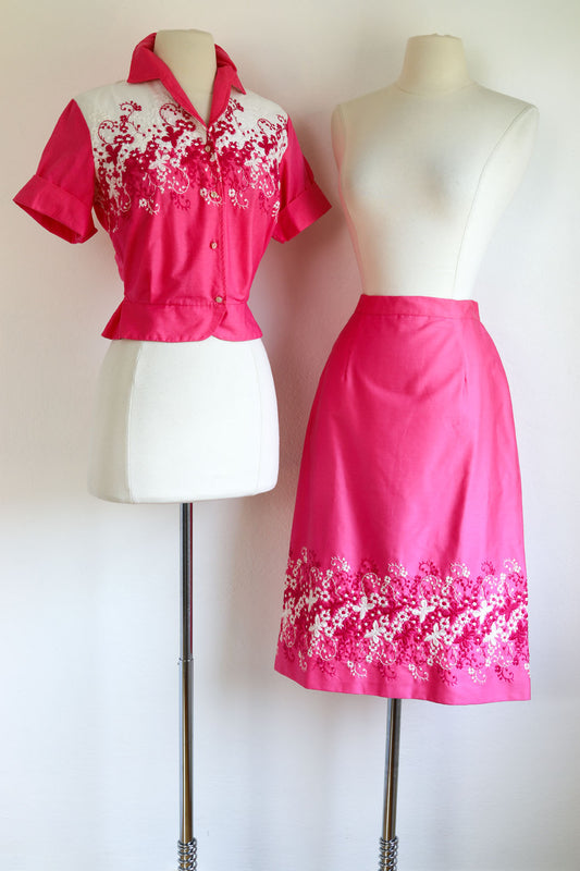 Vintage 1950s Dress Set - Smart, Sporty Hot Pink White Color Block Embroidered Floral + Moths Cotton Jacket Skirt Suit Size S to M