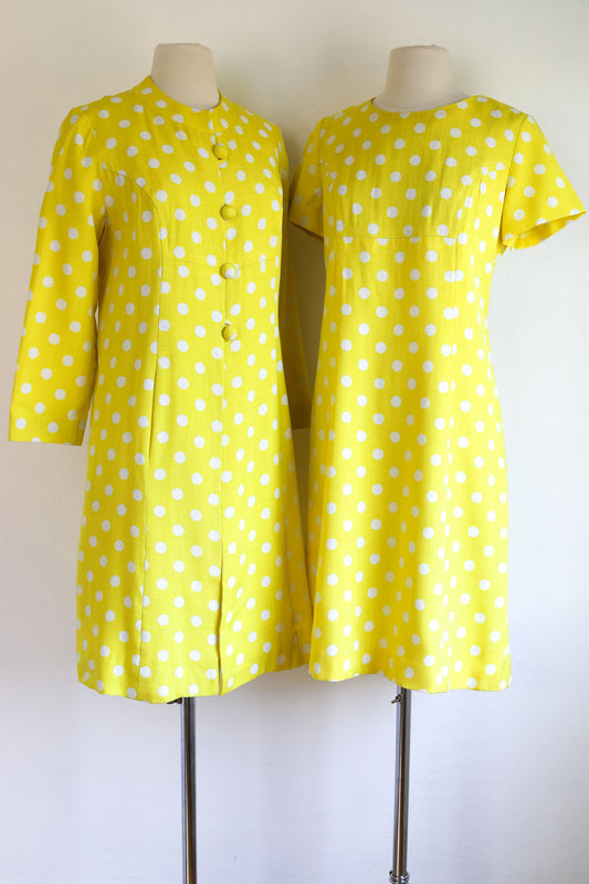 Vintage 1960s Coat Dress Set - Vibrant Sunshine Yellow White Polka Dot Silk Princess Jacket Sheath Size M