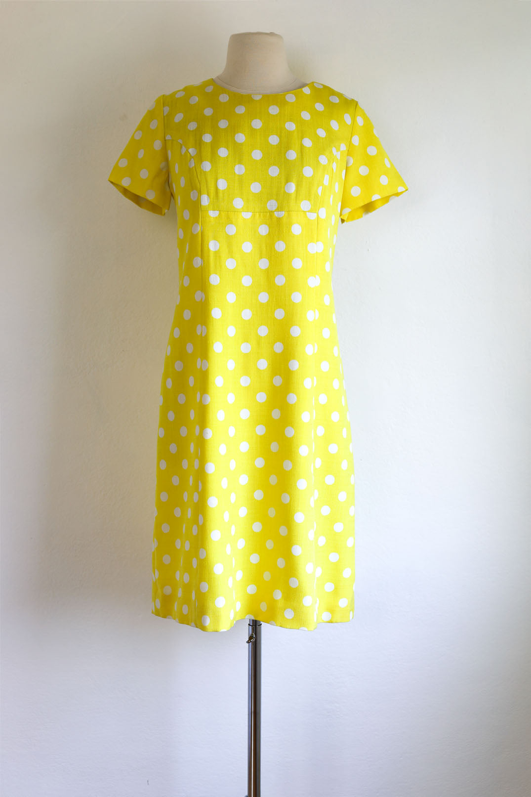 Vintage 1960s Coat Dress Set - Vibrant Sunshine Yellow White Polka Dot Silk Princess Jacket Sheath Size M