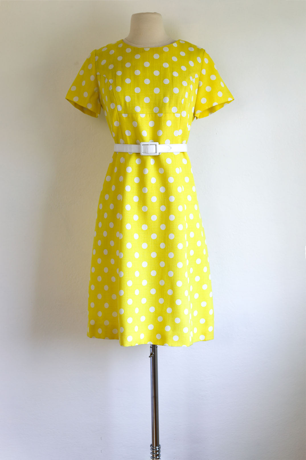 Vintage 1960s Coat Dress Set - Vibrant Sunshine Yellow White Polka Dot Silk Princess Jacket Sheath Size M