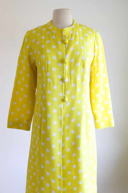 Vintage 1960s Coat Dress Set - Vibrant Sunshine Yellow White Polka Dot Silk Princess Jacket Sheath Size M