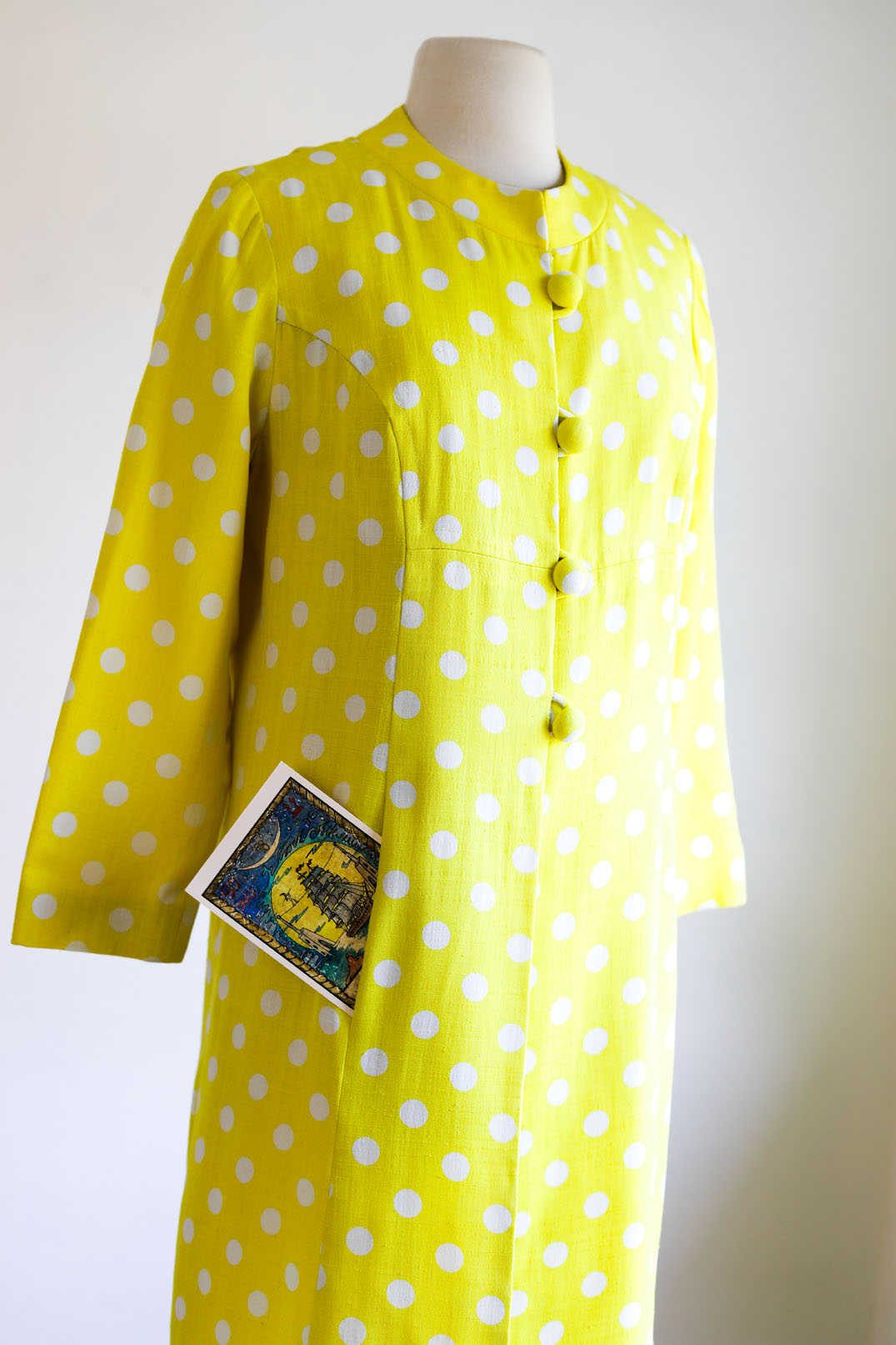 Vintage 1960s Coat Dress Set - Vibrant Sunshine Yellow White Polka Dot Silk Princess Jacket Sheath Size M