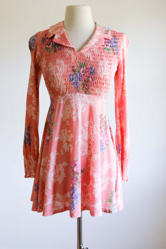 Vintage 1970s Mini Dress - ADORABLE Mod Candy Pink Jersey Knit w Lavender + Sage Floral Print Mod Dolly Dress Size XS to S