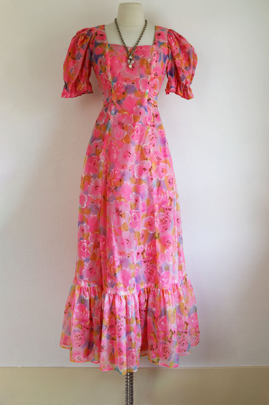 Vintage 1970s Dress - Gorgeous Pink Lavender Organza Fever Dream Floral Coquette Maxi Gown Size S to M