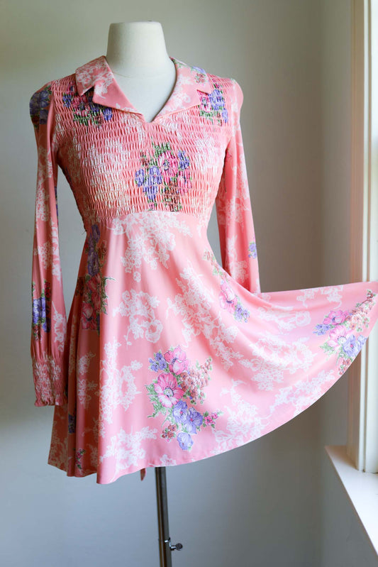 Vintage 1970s Mini Dress - ADORABLE Mod Candy Pink Jersey Knit w Lavender + Sage Floral Print Mod Dolly Dress Size XS to S