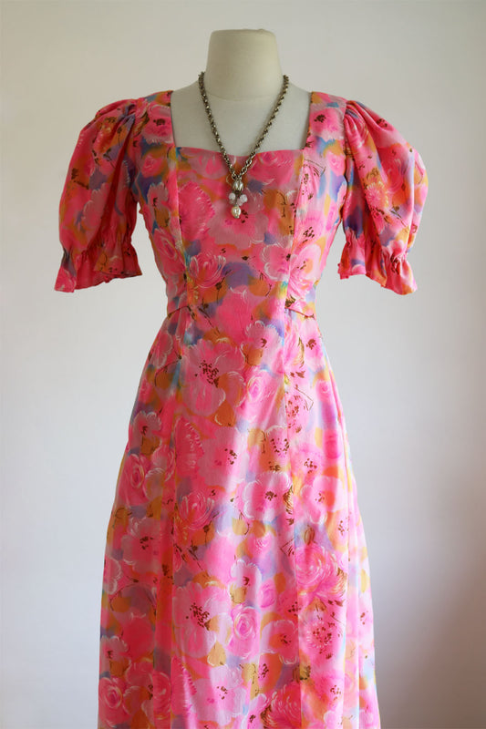 Vintage 1970s Dress - Gorgeous Pink Lavender Organza Fever Dream Floral Coquette Maxi Gown Size S to M