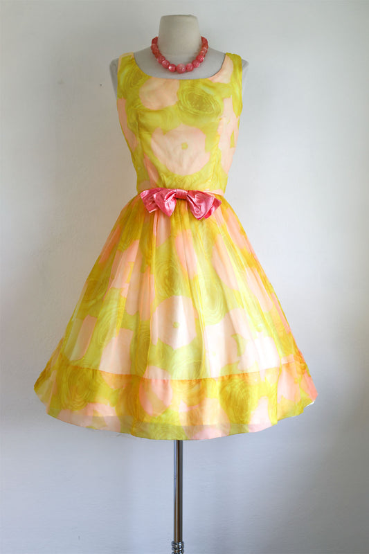 Vintage 1960s Dress - Vivacious Chartreuse Yellow Melon Pink Chiffon Cocktail Party Sundress Size S