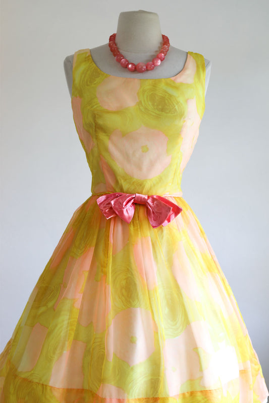 Vintage 1960s Dress - Vivacious Chartreuse Yellow Melon Pink Chiffon Cocktail Party Sundress Size S
