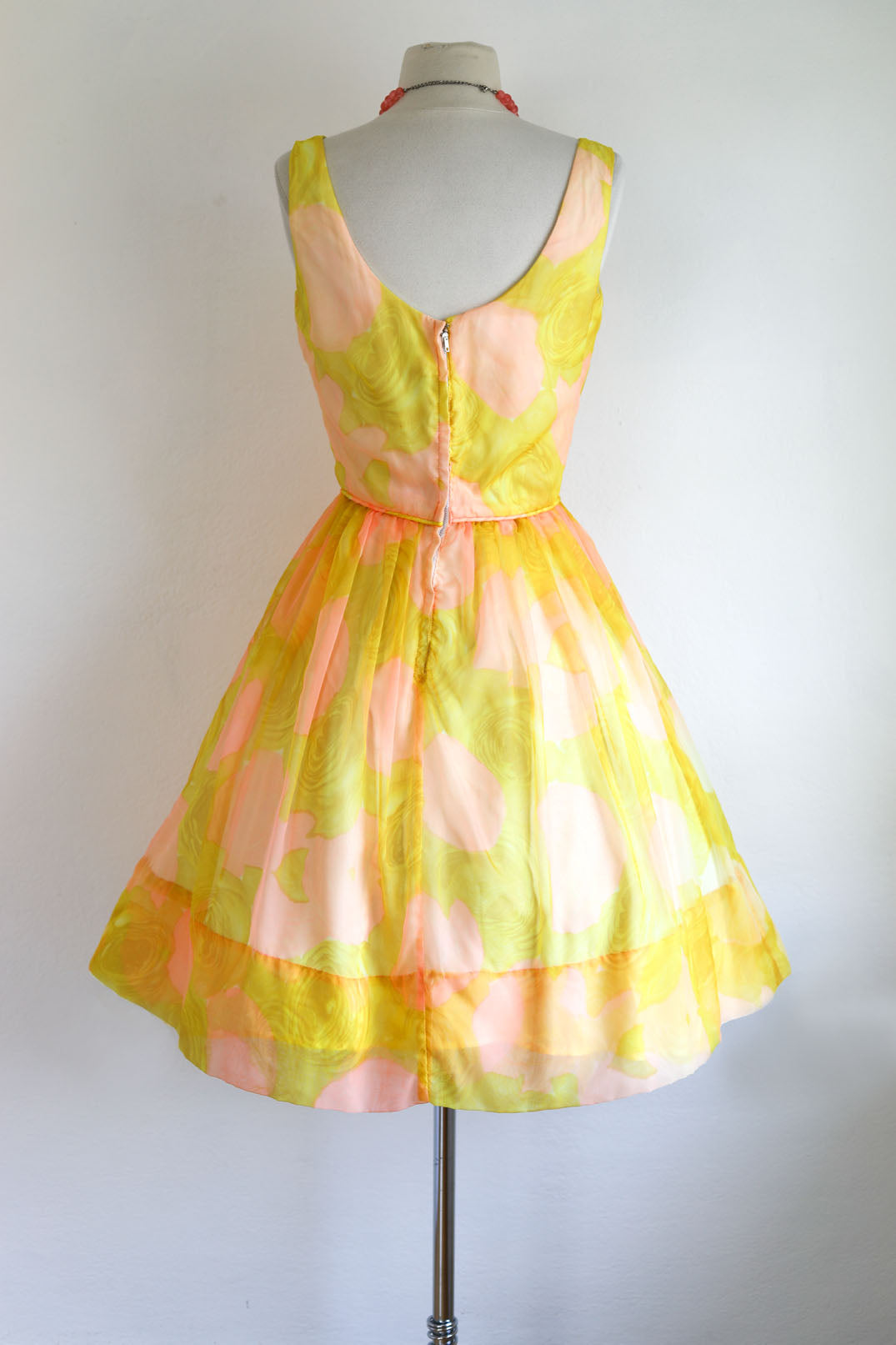 Vintage 1960s Dress - Vivacious Chartreuse Yellow Melon Pink Chiffon Cocktail Party Sundress Size S
