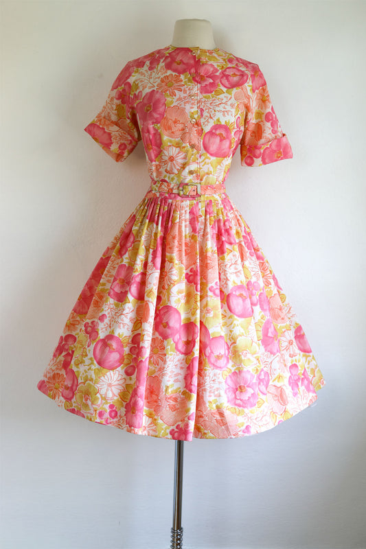 Vintage 1960s Dress - Juicy Floral Print Midcentury Pink Melon Chartreuse Shirtwaist w Belt Size L to XL