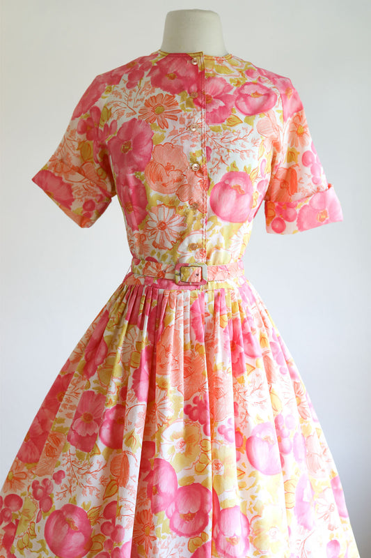 Vintage 1960s Dress - Juicy Floral Print Midcentury Pink Melon Chartreuse Shirtwaist w Belt Size L to XL