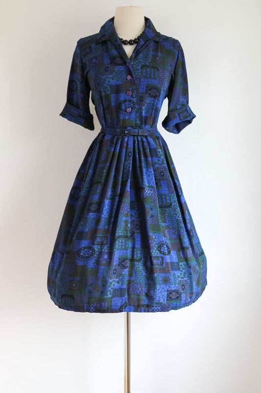 Vintage 1950s to 1960s Dress - Volup! Soft Rayon Cobalt Blue w Pine Baroque Print Belted Shirtwaist Size L to XL