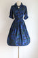 Vintage 1950s to 1960s Dress - Volup! Soft Rayon Cobalt Blue w Pine Baroque Print Belted Shirtwaist Size L to XL