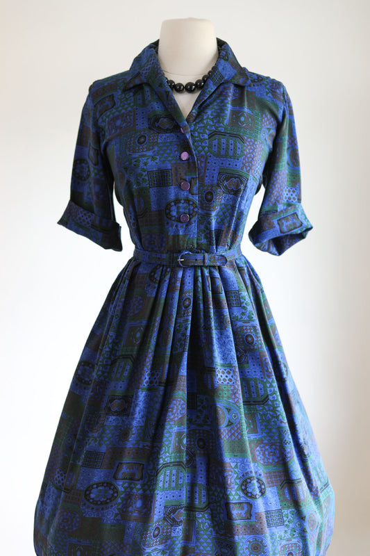 Vintage 1950s to 1960s Dress - Volup! Soft Rayon Cobalt Blue w Pine Baroque Print Belted Shirtwaist Size L to XL