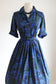 Vintage 1950s to 1960s Dress - Volup! Soft Rayon Cobalt Blue w Pine Baroque Print Belted Shirtwaist Size L to XL
