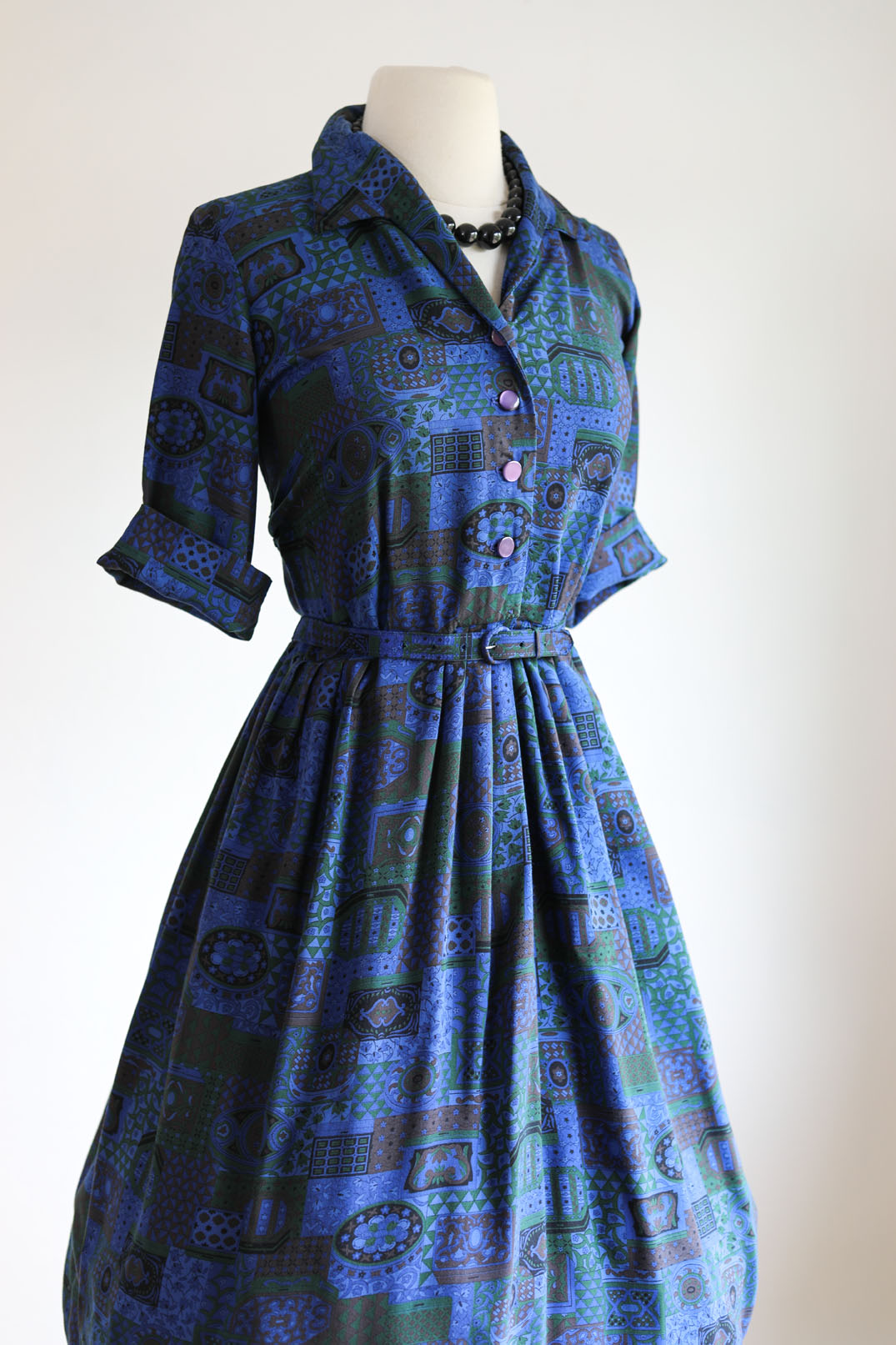 Vintage 1950s to 1960s Dress - Volup! Soft Rayon Cobalt Blue w Pine Baroque Print Belted Shirtwaist Size L to XL