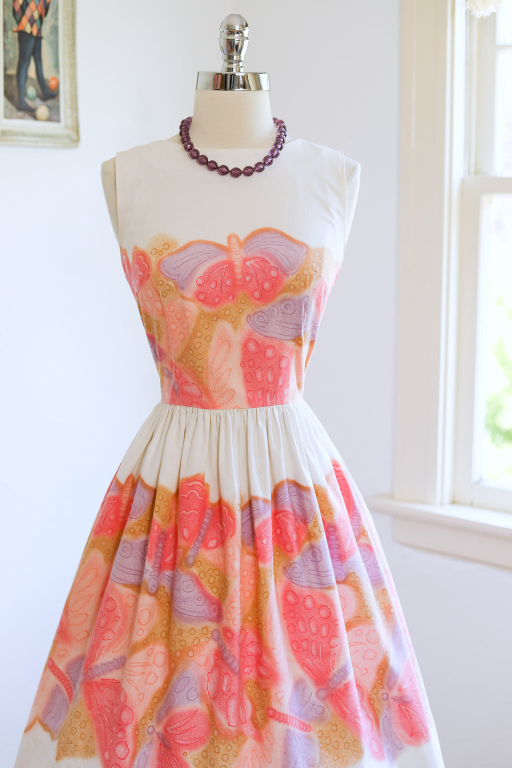 Vintage 1950s to 1960s Dress - Dreamy Unicorn Pastels Big Butterfly Novelty Border Print Cotton Sundress Size XS to S