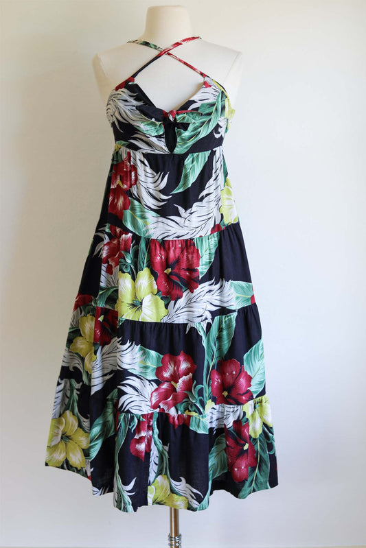 Vintage 1970s Dress - GORGEOUS Black w Wine Jadeite Chartreuse 1940s Floral Young Edwardian Sundress Size XS to S