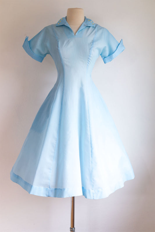 Vintage 1950s Uniform Dress - Atomic Midcentury Powder Blue Princess Waitress Nurse w Pointy Elements Size S