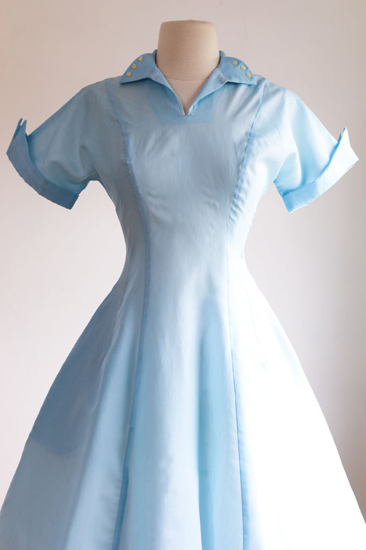 Vintage 1950s Uniform Dress - Atomic Midcentury Powder Blue Princess Waitress Nurse w Pointy Elements Size S