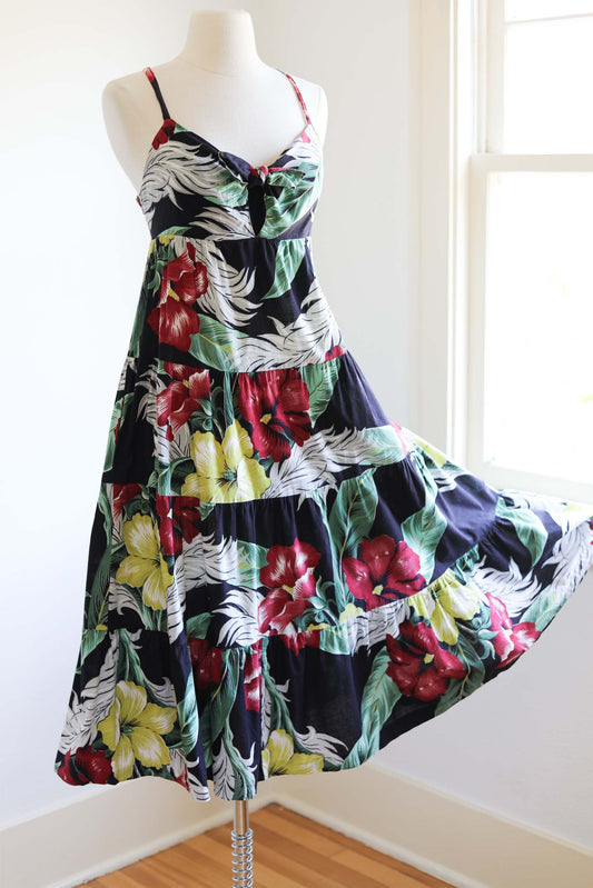 Vintage 1970s Dress - GORGEOUS Black w Wine Jadeite Chartreuse 1940s Floral Young Edwardian Sundress Size XS to S