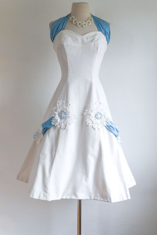 Vintage 1950s Dress - Stellar Designer Margaret Newman Cotton Halter Sundress w Floral Appliqués Size S