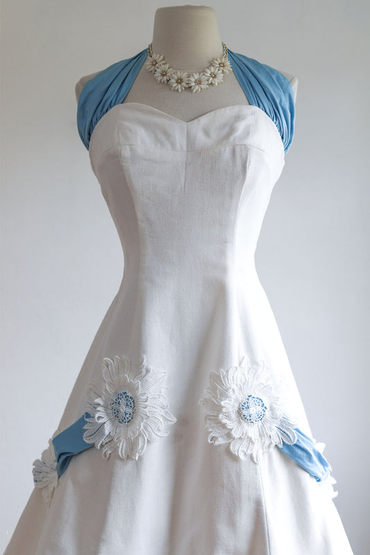 Vintage 1950s Dress - Stellar Designer Margaret Newman Cotton Halter Sundress w Floral Appliqués Size S