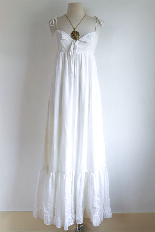 Vintage 1970s Maxi Dress - Designer Isadora Dreamy Ivory White Boho Cotton Eyelet Corset Lace Up Sundress Size S