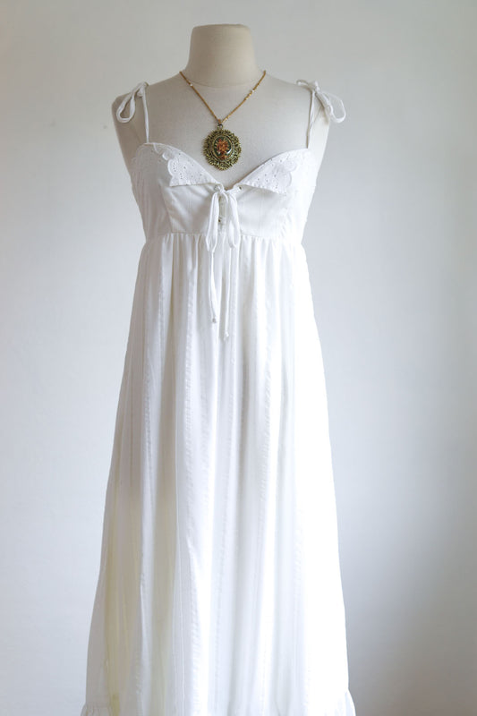 Vintage 1970s Maxi Dress - Designer Isadora Dreamy Ivory White Boho Cotton Eyelet Corset Lace Up Sundress Size S