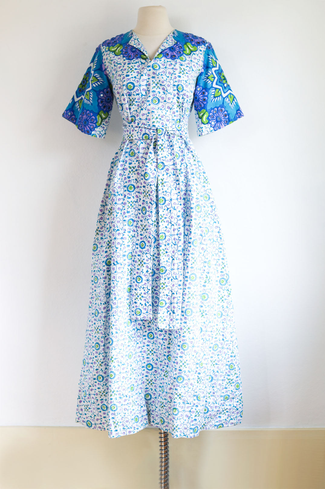 Vintage 1960s to 1970s Maxi Dress - Designer Ramona Rull Boho Blue Purple Lime Cotton Block Print Belted Gown Size XS to M