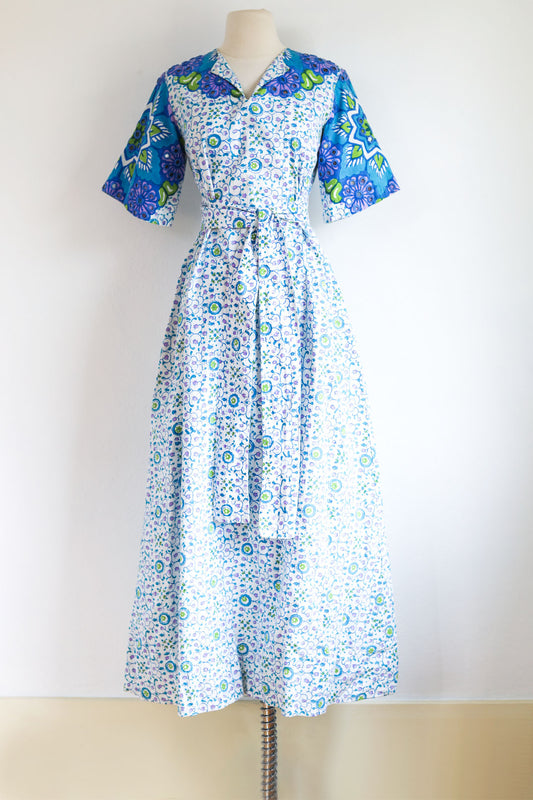 Vintage 1960s to 1970s Maxi Dress - Designer Ramona Rull Boho Blue Purple Lime Cotton Block Print Belted Gown Size XS to M