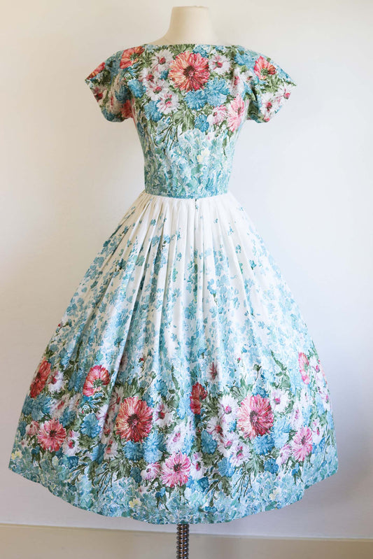Vintage 1950s Dress - SPECTACULAR Blue Pink Green Border Print Floral Cotton Sundress Size XS to S