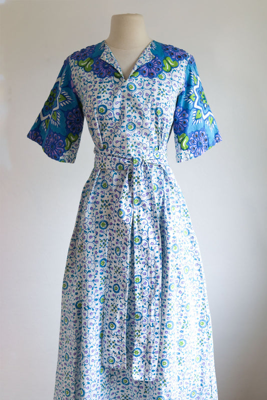 Vintage 1960s to 1970s Maxi Dress - Designer Ramona Rull Boho Blue Purple Lime Cotton Block Print Belted Gown Size XS to M