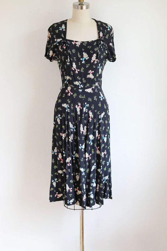 Vintage 1940s Dress - Charming French Poodle Novelty Print Navy Pastel Rayon Swing Dress Size S