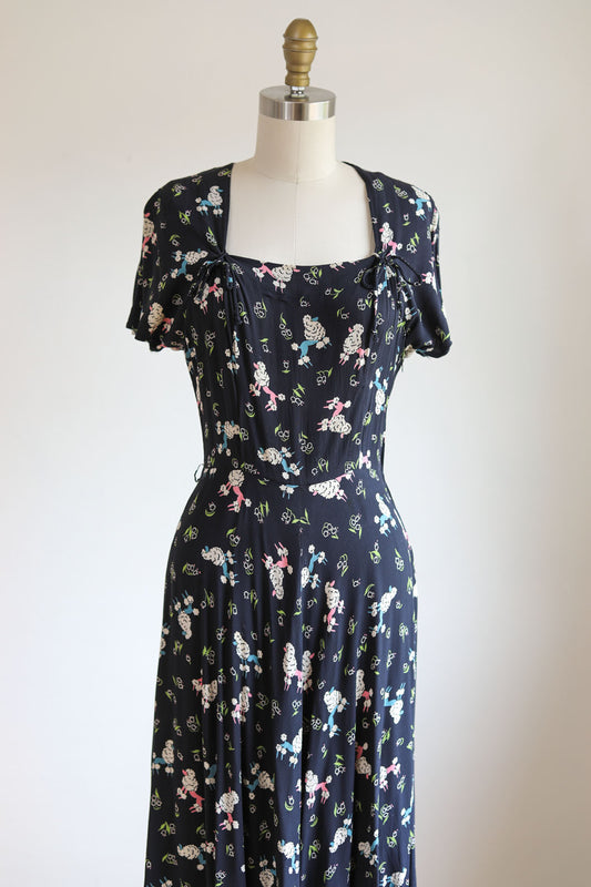Vintage 1940s Dress - Charming French Poodle Novelty Print Navy Pastel Rayon Swing Dress Size S