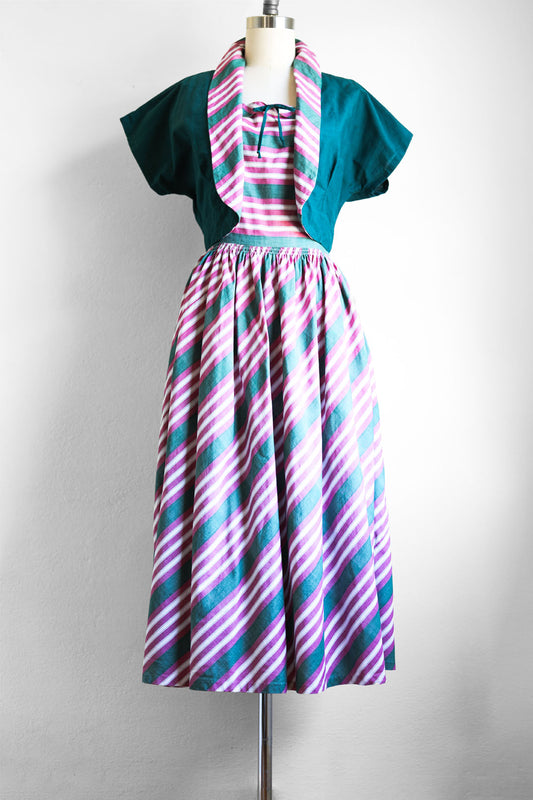 Vintage 1940s Dress Set - Zippy Forest Green Plum-Pink Chambray Cotton Bias Stripe Sundress + Bolero Size M to L
