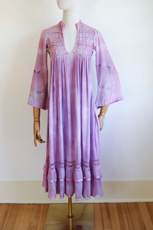 Vintage 1970s Mexican Gauze Cotton Gown - DREAMY Unicorn Tie-Dye Lavender Kaftan Gown w Spiderweb Crochet Size XS to M