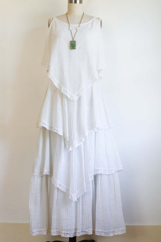 Vintage 1960s to 1970s Maxi Gown - ETHEREAL White Mexican Wedding Dress Pintucks + Gauze Size S