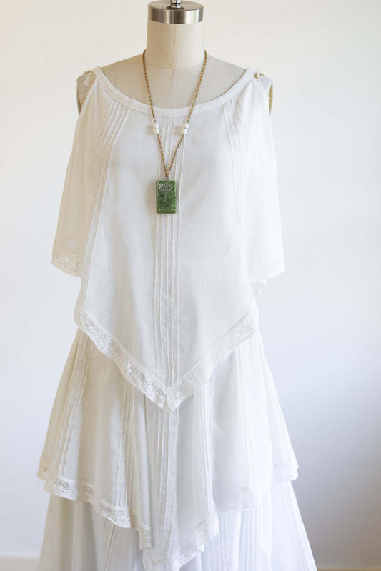 Vintage 1960s to 1970s Maxi Gown - ETHEREAL White Mexican Wedding Dress Pintucks + Gauze Size S