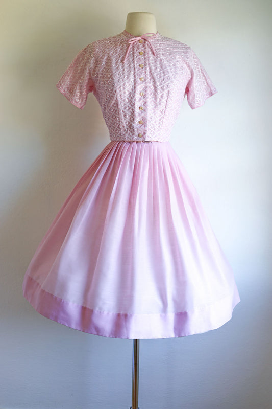 Vintage 1950s to 1960s Dress - Hydrangea Pink Lilac Voile w Heavy Embroidery Belted Dress + Bolero Size S