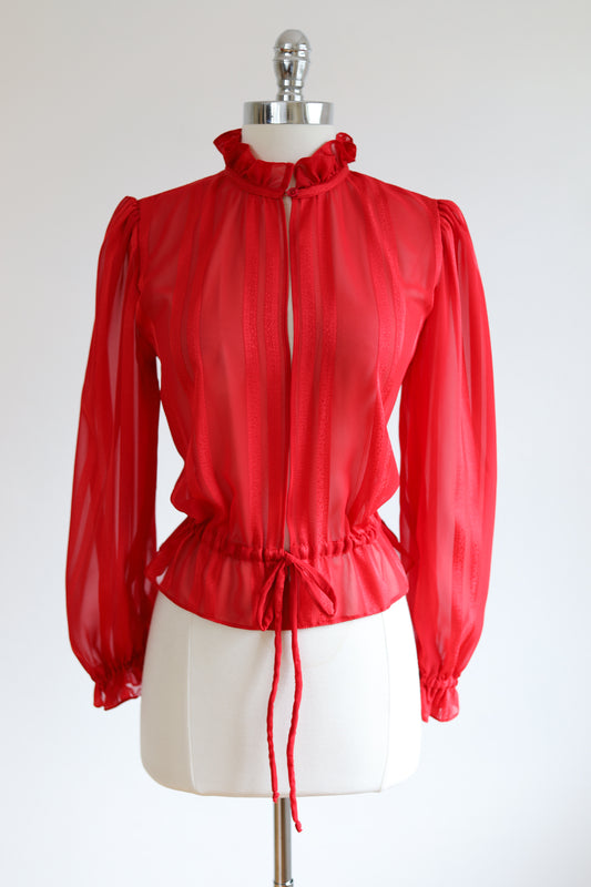Vintage 1970s Scarlet Slinky Wasp Waist Blouse - Red Woven Stripe Top w Puff Sleeves + Tie Waist Size XS to S
