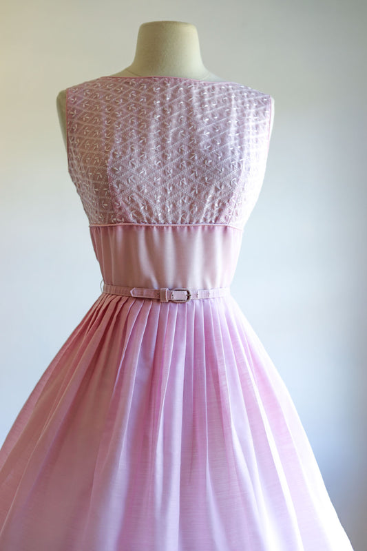 Vintage 1950s to 1960s Dress - Hydrangea Pink Lilac Voile w Heavy Embroidery Belted Dress + Bolero Size S