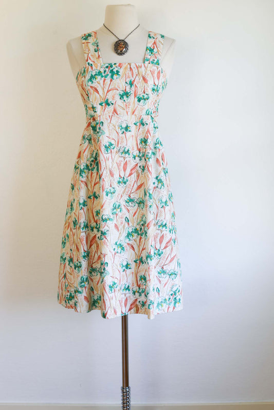 Vintage 1970s Deadstock Sundress - BEAUTIFUL IRISES Wide Strap Sears Jr. Cotton Dress Size XS to S